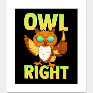 Funny Owl Right Thumbs Up Hippie Cute Alright Pun Posters and Art